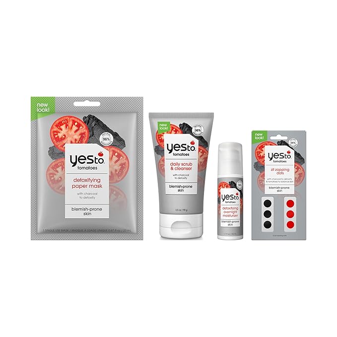 Yes To Tomatoes charcoel Set – Face Mask, Scrub & Cleanser, Moisterizer, Spot Treatment