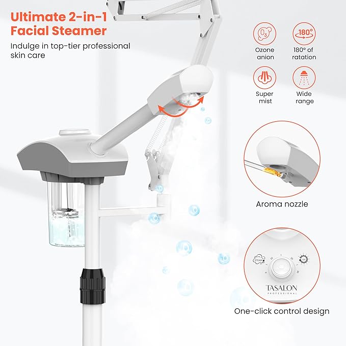 TASALON Professional Facial Steamer with 5X Magnifying Lamp, 2-in-1 Esthetician Steamer on Wheels with Ozone and Hot Mist, Ionic Facial Steamer for Facial Deep Cleaning and Moisturize
