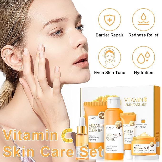 Vitamin C Skincare Set for Teenage Girls, 5-In-1 Skin Cleaning & Care Travel Size Kit With Cleanser, Toner, Face Serum, Eye Cream, Face Cream