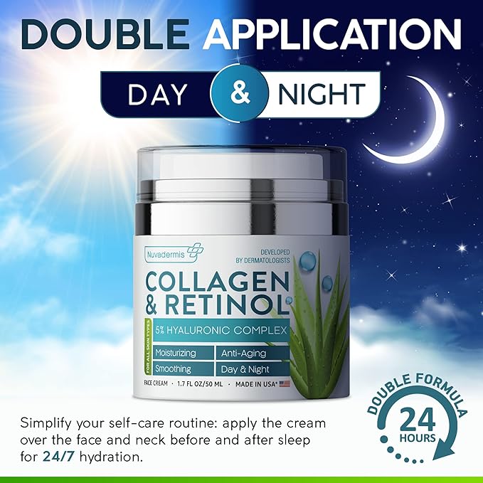 Collagen and Retinol Cream & 35% Glycolic Acid Pads - Face Moisturizer - Night & Day Cream - Anti Aging & Anti Wrinkle Lotion - Exfoliating Facial Peel Wipes - 60 Double-Side Pads