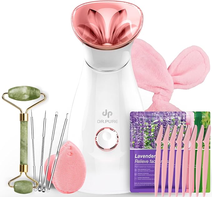 Facial Steamer Self-Care Gift Kit: Nano Ionic Face Steamer Deep Cleaning Unclogs Pores - Humidifier Hot Mist Spa Gifts for Women with 17 Skin Care Tools (Basic Glow Essentials)