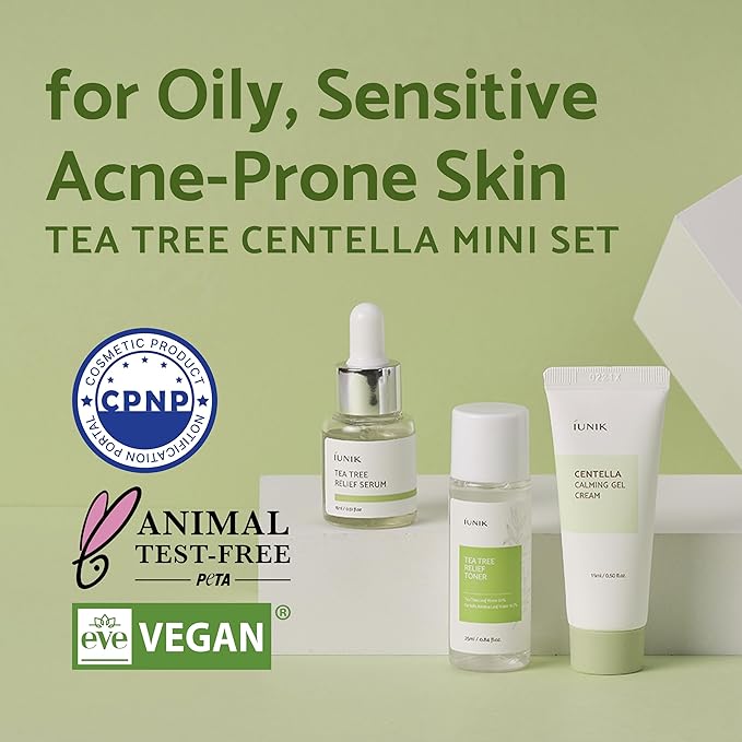 IUNIK Centella Mini Set, Travel Friendly Skincare Set, Ultra calming and hydrating for sensitive skin: Tea Tree Relief Toner,Serum, Centella Calming Gel with Sleeping Mask