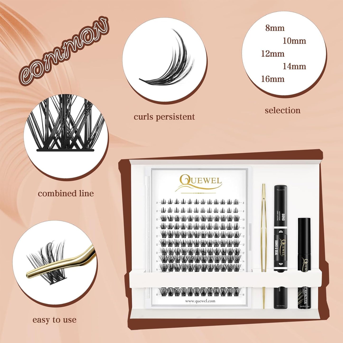 QUEWEL DIY Eyelash Extensions Kit, 144 Pcs Lash Clusters, Clusters Eyelash Applicator Tool, Super Hold Cluster Lashes Bond and Seal, Clusters Lash Glue Remover Easy to Apply at Home(Common-Kit)