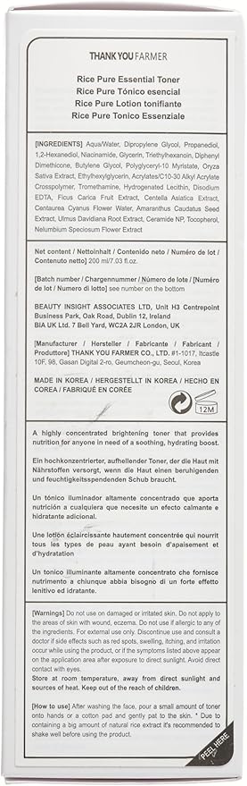 THANKYOU FARMER Rice Pure Toner – Hydrating K-Beauty Face Milk with Niacinamide & Centella – Vegan Korean Skincare for Men & Women, All Ages – Natural Toner for Dry, Sensitive Skin (7.03 oz)
