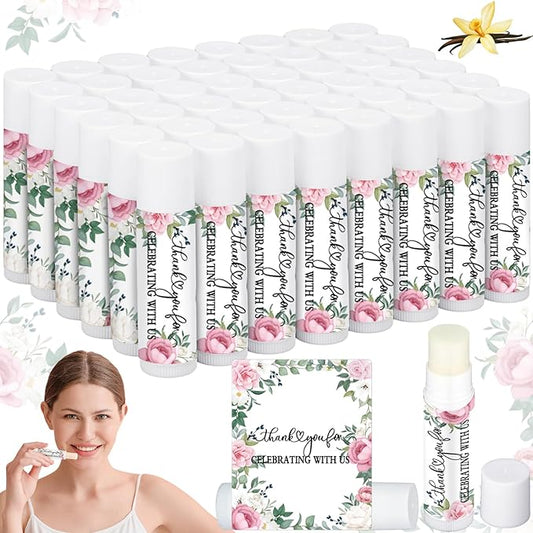 50 Pcs Pink Flowers Wedding Bridal Shower Gifts Bulk Floral Lip Balm Baby Shower Party Favors Thank You Appreciation Gifts for Women Tea Bachelorette Party