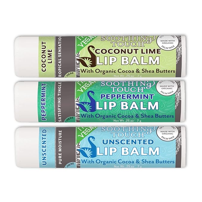 Vegan Lip Balm Set - Variety Pack of 3 Soothing Touch Lip Balms. Large 0.25 oz size. Includes Bonus Muslin Pouch (3 x 4 in). Unique Gift Bundle from Tiny Seed (Coconut Lime, Peppermint, Unscented)