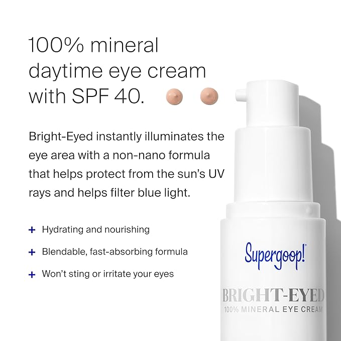 Supergoop! Bright-Eyed 100% Mineral Eye Cream, 0.5 fl oz - SPF 40 PA+++ Hydrating & Illuminating Mineral Sunscreen - Under Eye Cream for Dark Circles & Puffiness - Revives Tired Eyes