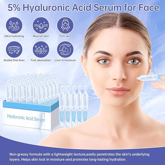 60 Pcs 5% Hyaluronic Acid Serum Ultra-Hydrating Vials, Hyaluronic Acid Tubes, Wake Nature Perfection Hyaluronic Serum, Single-Use Ultra-Hydrating Essence for Face