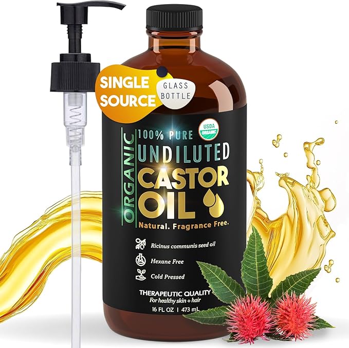 BALM OF GILEAD Organic Castor Oil for Skin Hydration - Therapeutic Cold Pressed, USDA Certified 100% Pure, Glass Bottle - 16 oz Unrefined, Hexane Free, Castor Oil for Hair & Eyelashes Growth