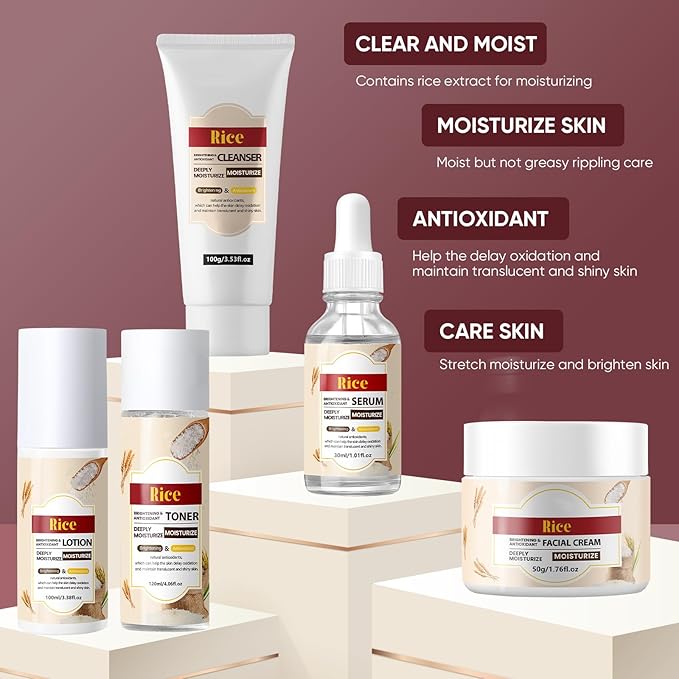 Rice Water Skin Care Set for Women & Men & Teens & Girls, Facial Kit with Cleanser 3.53oz, Toner 4.06oz, Serum 1.01oz, Lotion 3.38oz, Cream 1.76oz, Teenage Rice Moisturizing Travel Skincare Gift Set