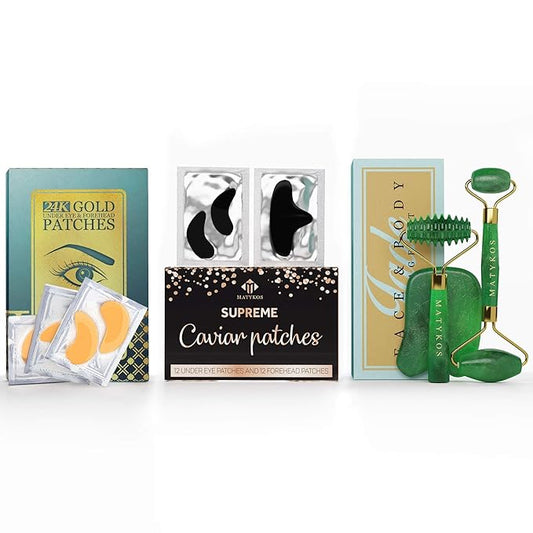 Complete Skincare Routine - Under Eye and Forehead 24K Gold Patches, 3 in 1 Jade Kit and Under Eye and Forehead Caviar Patches