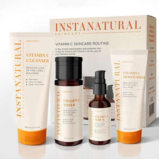 InstaNatural Vitamin C Four Step Skin Care Set, Skincare Routine, Brightens, Hydrates, Prevents Signs of Aging, Face Wash, Toner, Serum and Moisturizer, with Botanical Extracts