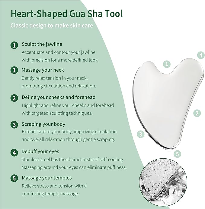 Gua Sha Facial Tools Stainless Steel & Face Roller Massager Skin, Facial Massage Skin Care for Face Neck Body, Reduce Puffiness Remove Wrinkles, Valentines Gift for Women