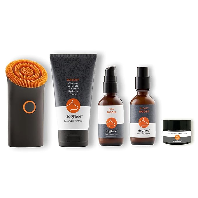 Dogface Men's Skincare Set- Technobrush, Electric Facial Brush, Wakeup Gel Face Wash to Hydrate Skin, Day Boom, Night Boost Retinol Serum, Eye Cream