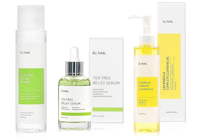 iUNIK Tea Tree Relief Face Toner 6.7 Fl Oz + Tea tree Relief Facial Serum 1.71 Fl Oz + Calendula Complete Deep Cleansing Oil, 6.7 Fl Oz –
