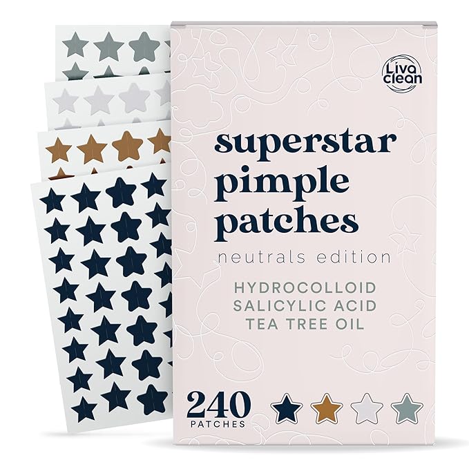 LivaClean 240 CT Neutrals Pimple Patches for Face w/Salicylic Acid & Tea Tree, Hydrocolloid Acne Patches Cute Star Pimple Patch for Healing, Cute Face Stickers, Zit Patch