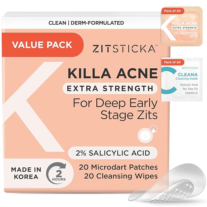 ZitSticka Extra Strength Killa Acne Patches for Face - World's Most Potent Pimple Patch with Fast-Acting Microdarts - Starts Working within 2 Hours for Deep, Early-Stage Zits & Blemish - 20 Count