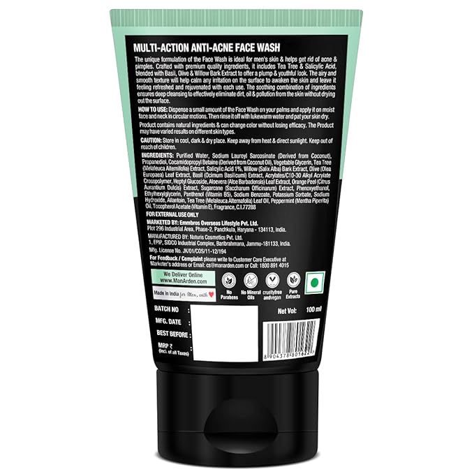 Man Arden Daily Multi-Action Anti Acne Face Wash For Oily Skin | With Power Duo Tea Tree for Acne-Prone Skin, 100 ml