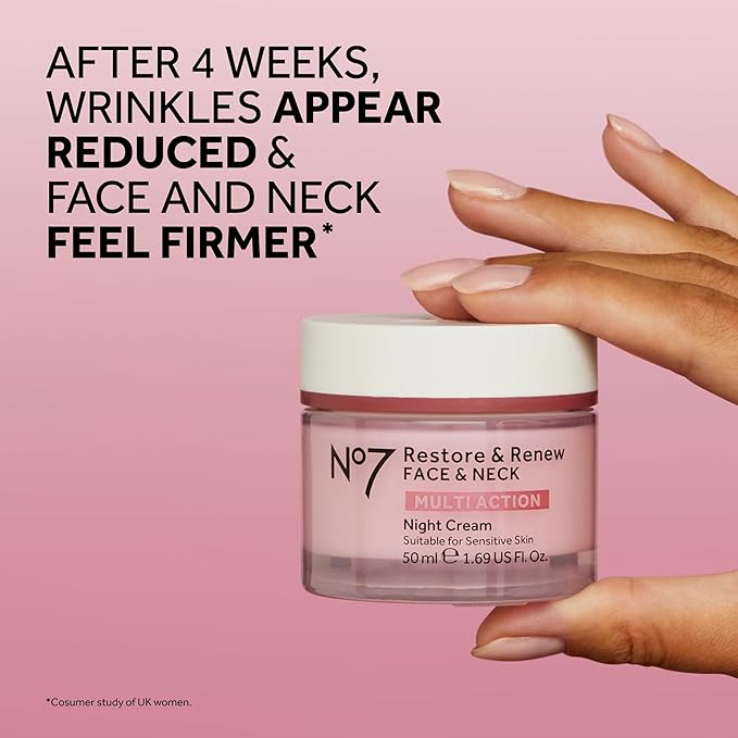No7 Restore & Renew Multi Action Face & Neck Cream - Nighttime Collagen Peptide Facial Moisturizer - Anti Aging Face Cream Enriched with Hyaluronic Acid, Shea Butter + Vitamin E to Firm Skin (50ml)