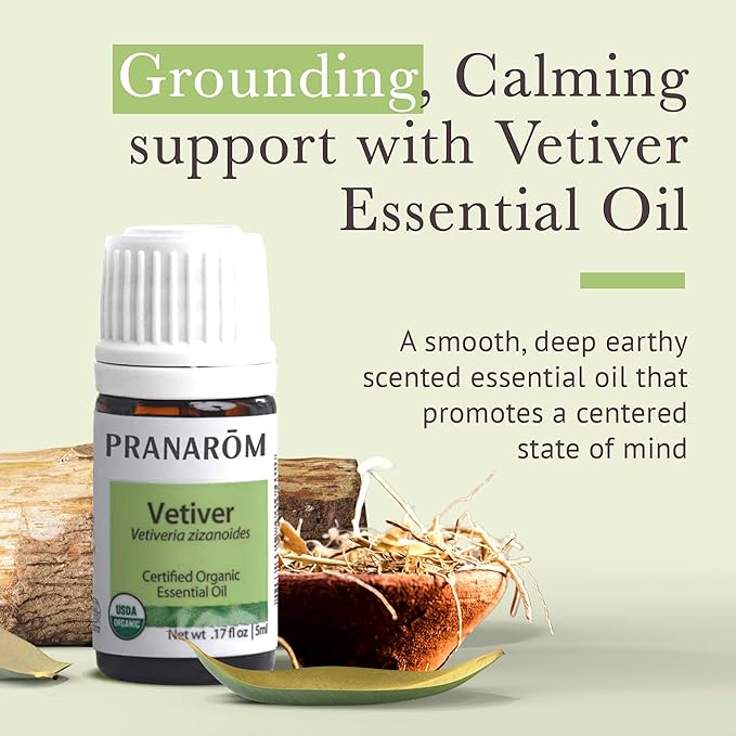 Pranarom USDA Certified Organic Vetiver Essential Oil (5ml), 100% Pure Undiluted Therapeutic Grade from Haiti & Madagascar for Aromatherapy, Diffuser, Calming, Relaxation, DIY, Massage Oil