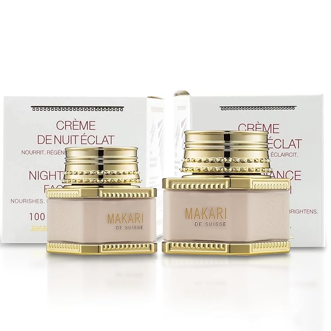 MAKARI Night & Day Radiance Face Cream Duo | 24-Hour Skincare for Dry, Normal & Maturing Skin | Fades Dark Marks, Scars & Blemishes | Vegan Formula with Anti-Aging Moisturizers | 3.35 oz & 1.85 oz