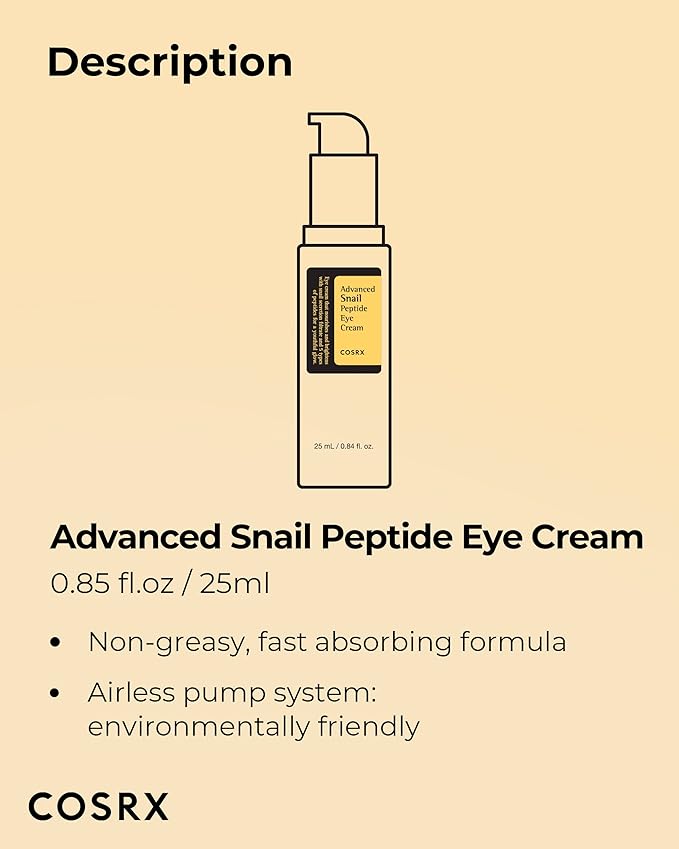 COSRX Snail Mucin Peptide Under Eye Cream, 0.84 fl oz, 73.7% Snail Mucin and Niacinamide, Eye Care, Eye Cream Anti Aging, Dark Circles, Korean Skin Care