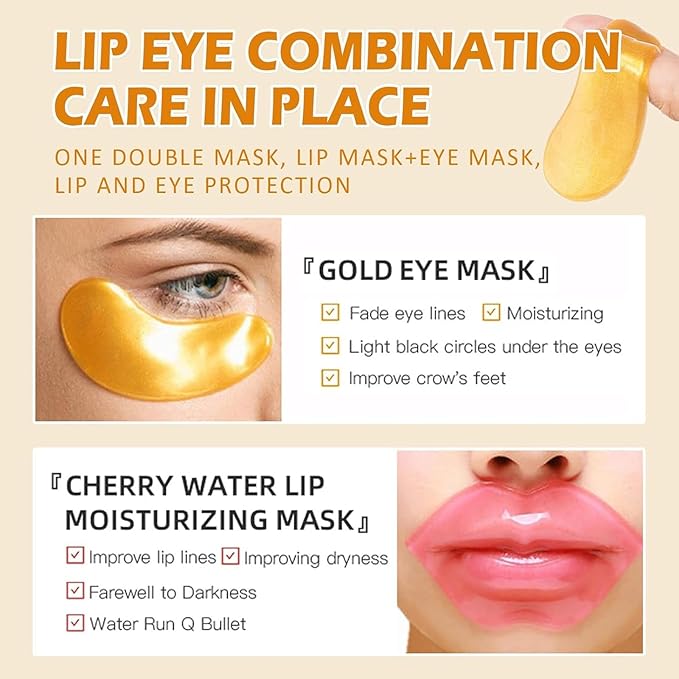 30 Pairs Lip Mask & Eye Mask,24K Gold Gel Eye Masks for Dark Circles,Wrinkles and Fine Lines,Moisturizing Collagen Lip Mask Reduce Lines and Dry Lips, Effectively Nourishes Skin Care