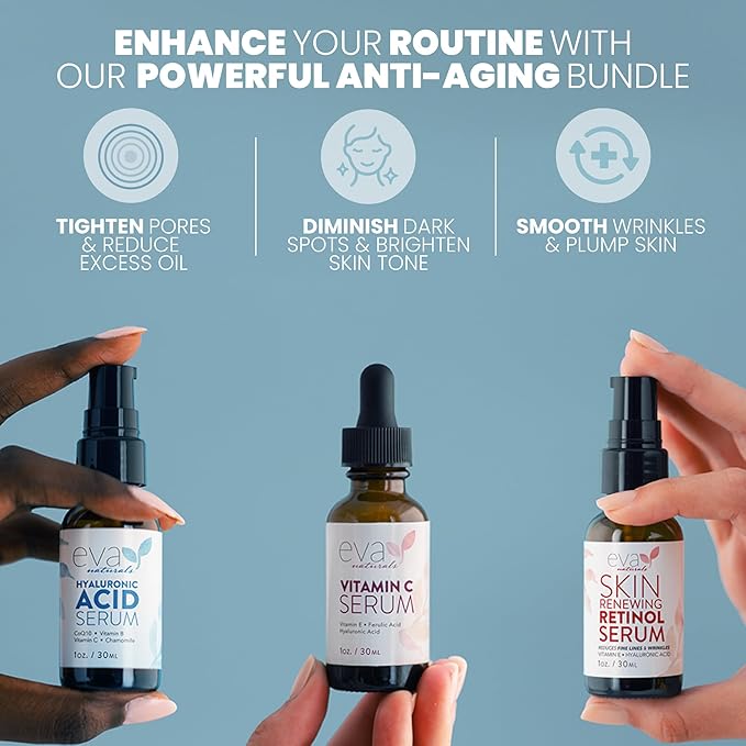 Eva Naturals Anti-Aging Serum Bundle - Vitamin C, Hyaluronic Acid, and Retinol | Face Serum Set for Skin Brightening, Hydration