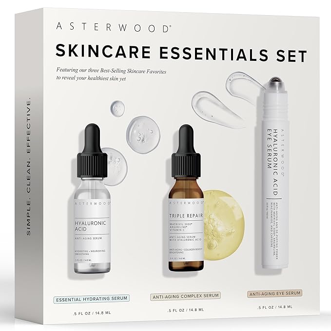 Asterwood Skin Care Set - Mothers Day Gifts For Mom - with Hyaluronic Acid & Triple Repair Serums, Under Eye Serum - Skincare Essentials - Hydrating, Moisturzing, Anti-Aging - Fragrance-Free