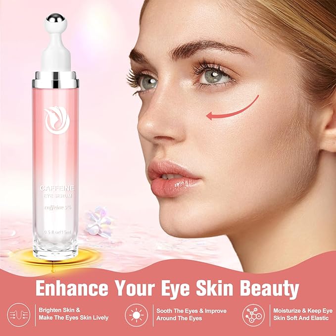 5% Caffeine Eye Serum, Cream with 360°Massage Ball for Puffiness, Fine Lines and Wrinkles, 0.5 fl.oz Under Eye Roller Cream, Efficient in Firming Eyelids