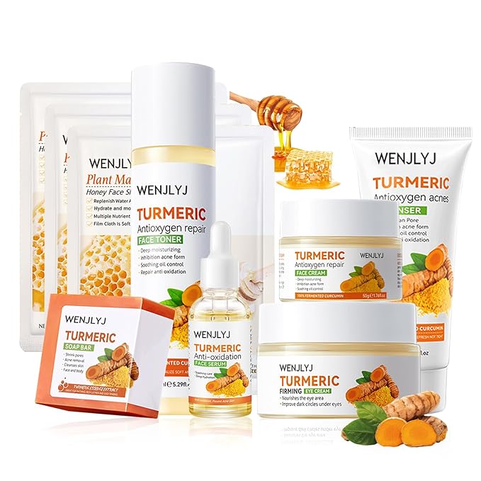 Turmeric Soap Skincare Set with Honey Face Sheets Mask,Hydrating Travel Size Turmeric Face Wash,Moisturizing Face Toner & Face Serum & Face Cream,Eye Cream Skin Care Gift Set for Women（9PCS)