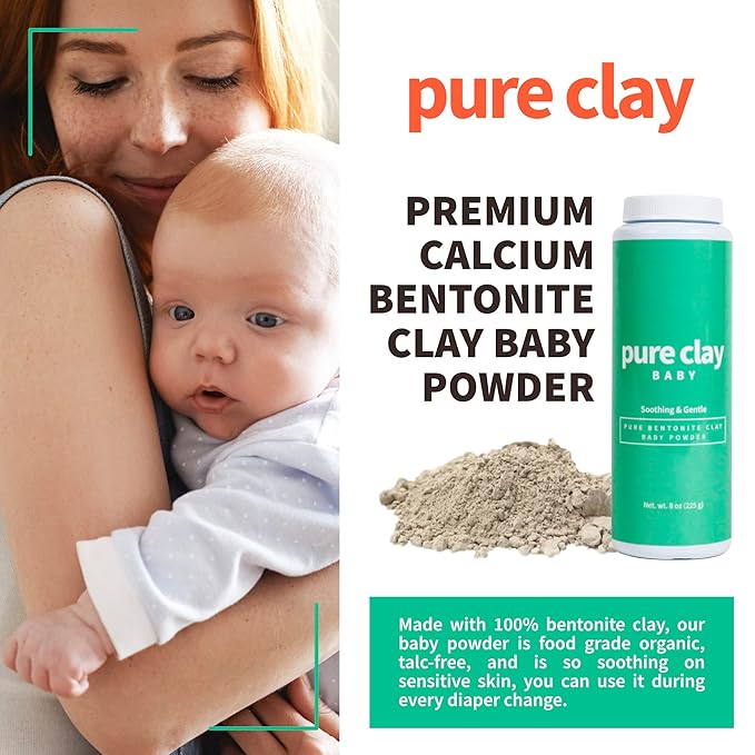 Bentonite Clay Baby Powder, Pure Calcium Bentonite Clay Food Grade Baby Powder for Sensitive Skin, Travel Size Baby Powder, Gentle Baby Skin Care