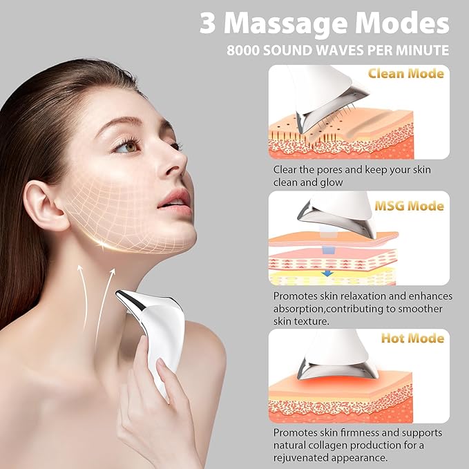 True Beauty Glow Facial Massager for Neck Care, Red Light for Face,Water Resistant 5-in-1 Led Facial Sculptor (White-Silver)