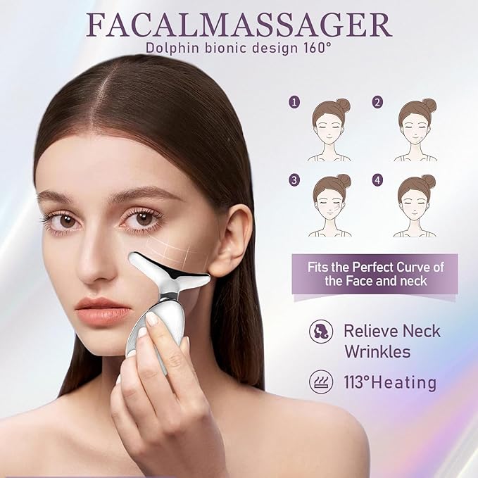 7 Color Facial and Neck Massager, Multifunctional Facial Skin Care Tool, Face Neck Massager for Daily Skin Care Routine, Facial Massager Tool (White)