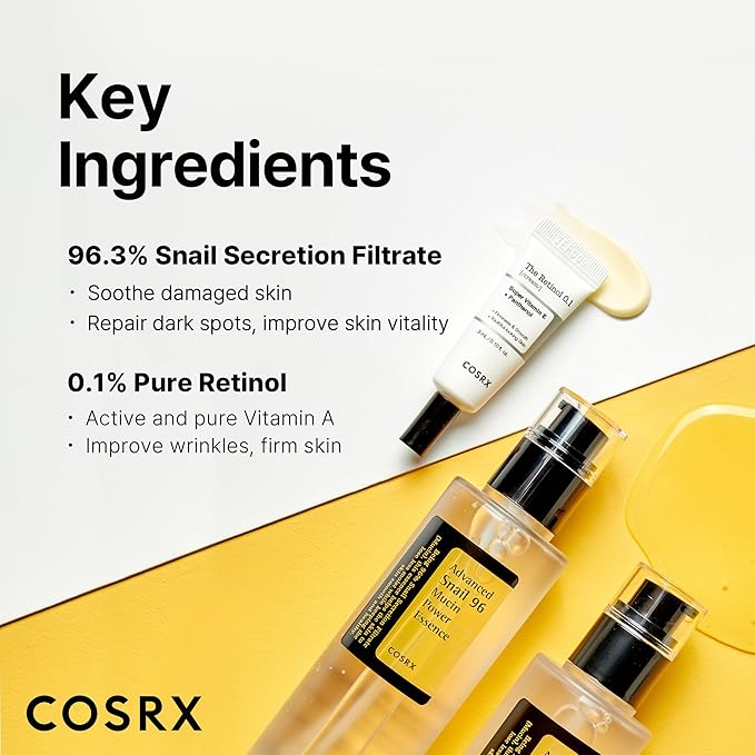 COSRX Glass Skin Starter Set, Amazon Exclusive, Advanced Snail 96% Mucin Power Essence & Retinol 0.1% Cream Mini Sample, Daily Hydrating & Firming Korean Skin Care Kit, Gift Set
