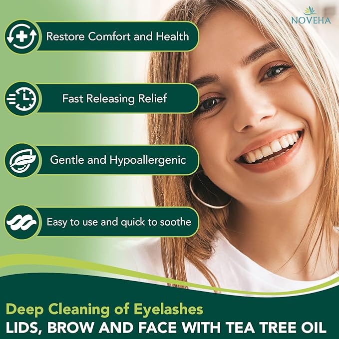 NOVEHA Demodex Eyelid & Lash Wipes | Box of 60 Individually Wrapped Extra Strength Cleansing Eyelash Wipes - Battles Irritated Eyes - Naturally Remove Debris (Pack of 2)