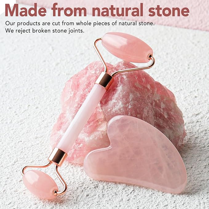 huefull Face Massager Rose Quartz Face Roller & Gua Sha Facial Tool Set, Muscle Tension Relief, Skin Care Gifts for Woman/Men, Self Care Gifts