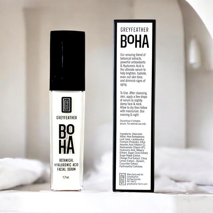 Greyfeather Hyaluronic Acid Serum for Face – Hydrating, Brightening & Anti-Aging Formula with Vitamin C, Niacinamide, Aloe & Botanical Extracts – Natural, Skin-Loving Serum for Radiant Glow (1.7 oz)