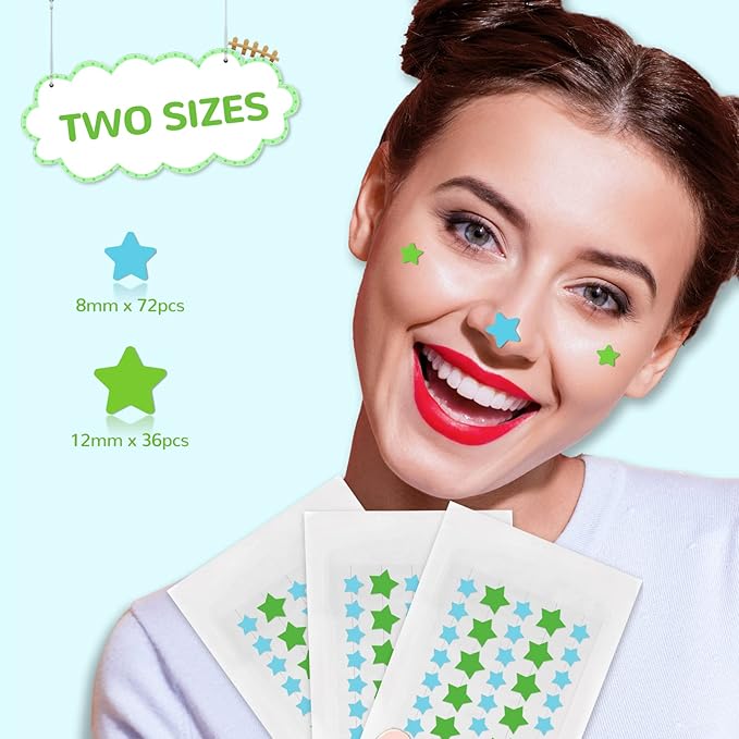 Star-Shaped Pimple Patch Hydrocolloid Acne Stickers with Tea Tree Oil + Salicylic Acid, Cover Dot for Acne Blemish, Pimples, Whiteheads, Zit, Draw out Oil & Impurities, 108 Dots, 12mm & 8mm