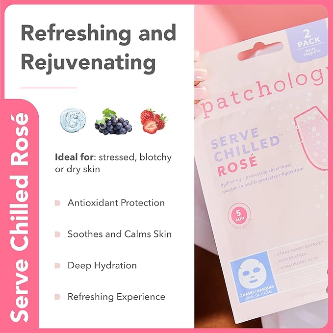 Patchology Face Mask Variety Pack - Brightening Face Mask with Vitamin C stimulates collagen, Hydrating Face Masks with Hyaluronic Acid soften skin, Renewing Face Masks with Strawberry (6 Masks)