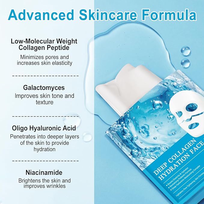 Collagen Real Deep Mask, Collagen Face Mask, Collagen Mask for Women with Hyaluronic Acid, Hydrating Face Masks Skincare, Firming Anti Wrinkle Aging Lifting Mask, Enhance Skin Vitality Deep Repair