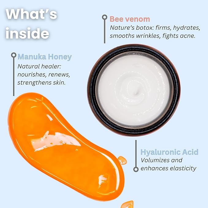 Save 5%: Organic Manuka Honey + Bee Venom Day and Night Cream Duo | Bee Venom Skin Treatment | Manuka Honey Skincare | 2oz/60ml