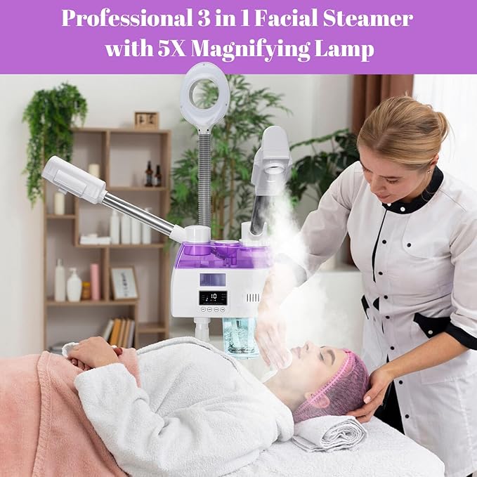 3 in 1 Facial Steamer,Professional Facial Steamer with 5X Magnifying LED Lamp, Esthetician Steamer with Hot & Cold Mist, Face Steamer On Wheels for Salon Spa Beauty Skin Care