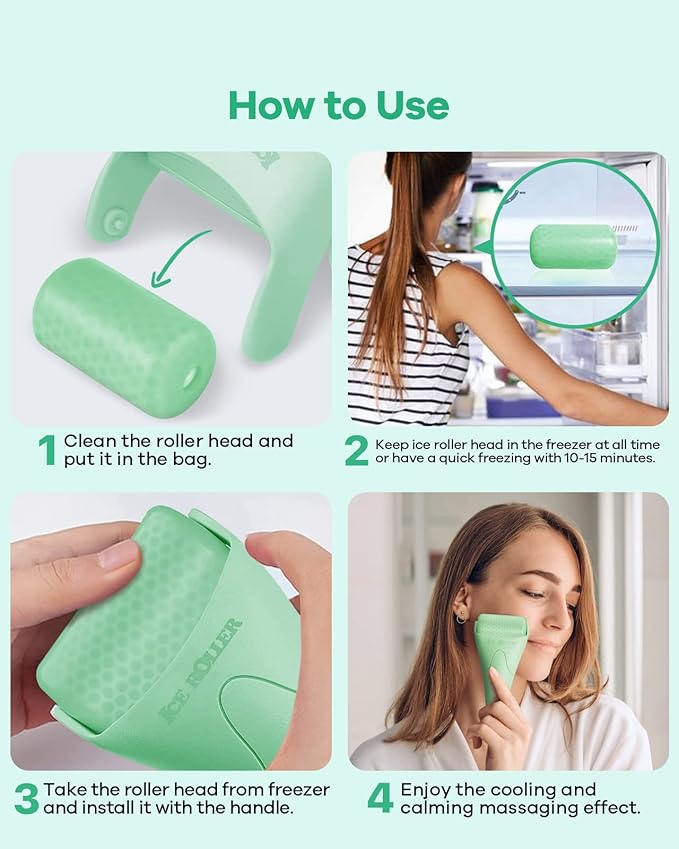 Ice Roller, Ice Roller for Face, Ice Face Roller, Cold Facial Ice Roller Massager for Eye Puffiness, Women's Gifts, Migraine, TMJ Pain Relief & Minor Injuries, Skin Care Products (Light Green)
