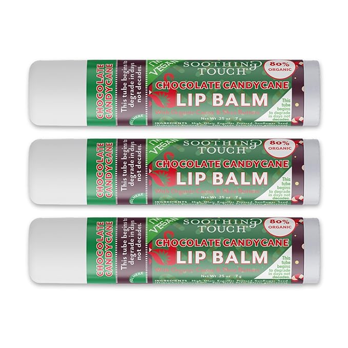 Vegan Lip Balm Set - Pack of 3 Chocolate Candy Cane Lip Balms from Soothing Touch. Large 0.25 oz size. Includes Bonus Muslin Pouch (3 x 4 in). Unique Gift Bundle from Tiny Seed