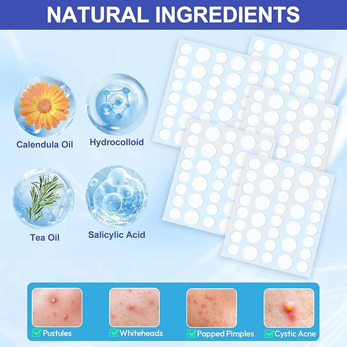 Pimple Patches for Face, 288 Hydrocolloid Acne Patches, Cute Round Shape Zit Covers, Patches for Covering Zits, Colorful Spot Stickers with Tea Tree, Salicylic Acid & Cica Oil