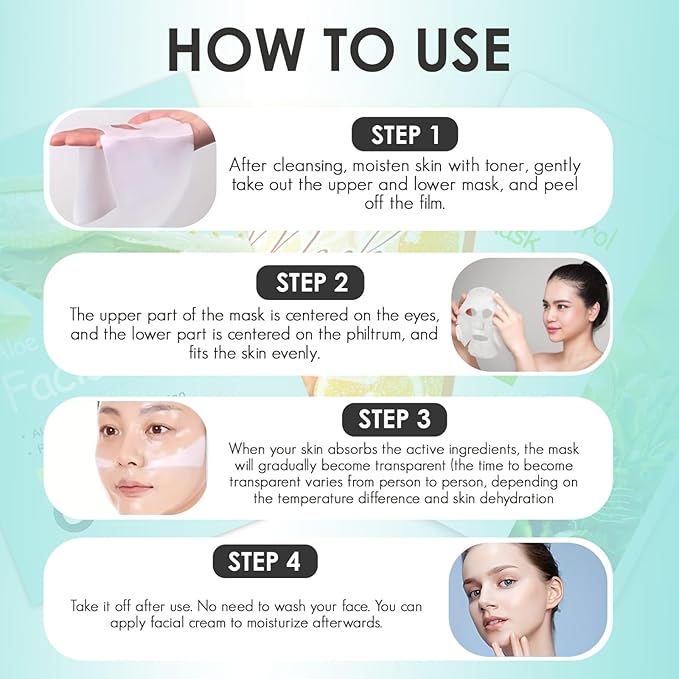 Face Sheet Mask | 3 Variants: Aloe Vera, Orange Vitamin C, Green Tea | Hydrating & Nourishing Skincare for Glowing Skin | Deep Moisture & Self-Care Beauty Sheets 12pcs