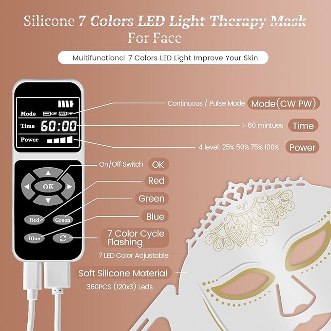 7 Colors Red Light Therapy for Face, Portable Beauty Facial Mask for Skin Tight Smooth, 360PCS LED Face Mask Light Therapy, LED Facial Light Therapy at Home, Red Light Therapy Mask for Women Gifts