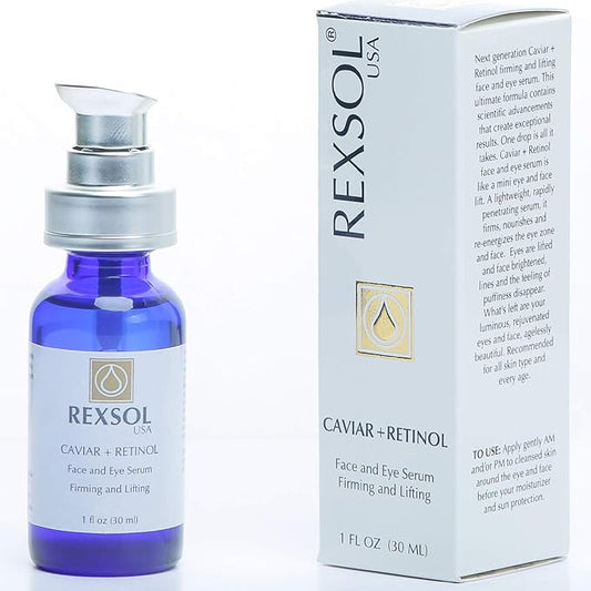 REXSOL CAVIAR + RETINOL Face and Eye Serum Firming and Lifting | With Vitamin C, Vitamin E & Vitamin A | Hybrid Sunflower & Caviar Oil | Revives the tone and texture of youthful skin. (30 ml/1 fl oz)