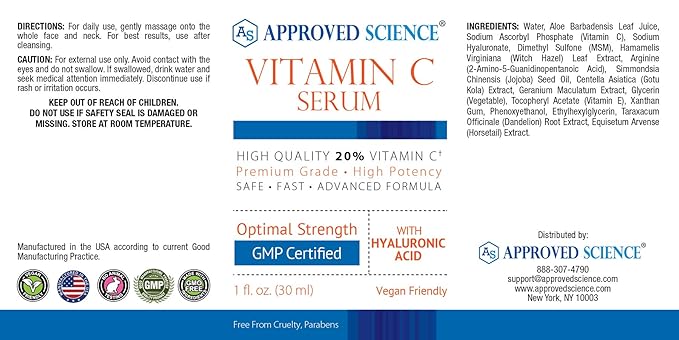 Approved Science® Vitamin C Serum for Face and Skin - 20% Vitamin C, Sodium Hyaluronate, Vitamin E - Vegan Friendly - 3 Serums